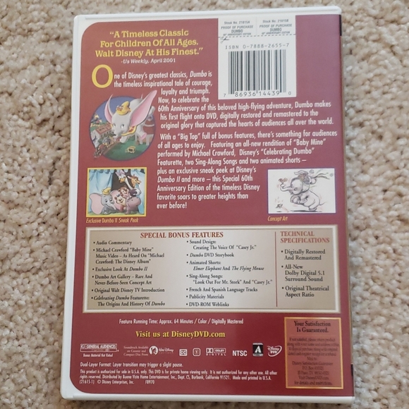 NWOT! Disney's DUMBO DVD 60TH Anniversary - Picture 2 of 4